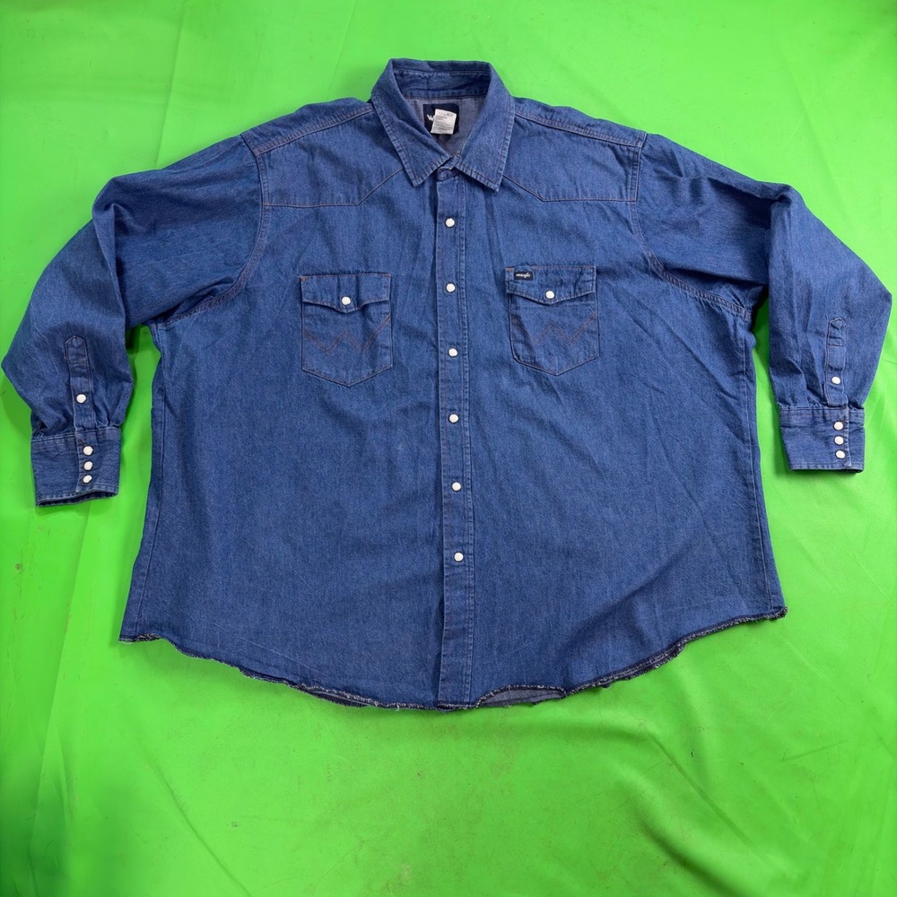Wrangler Western Denim Pearl Snap Shirt Mens 4XB Blue LS Cowboy Cut Big Workwear